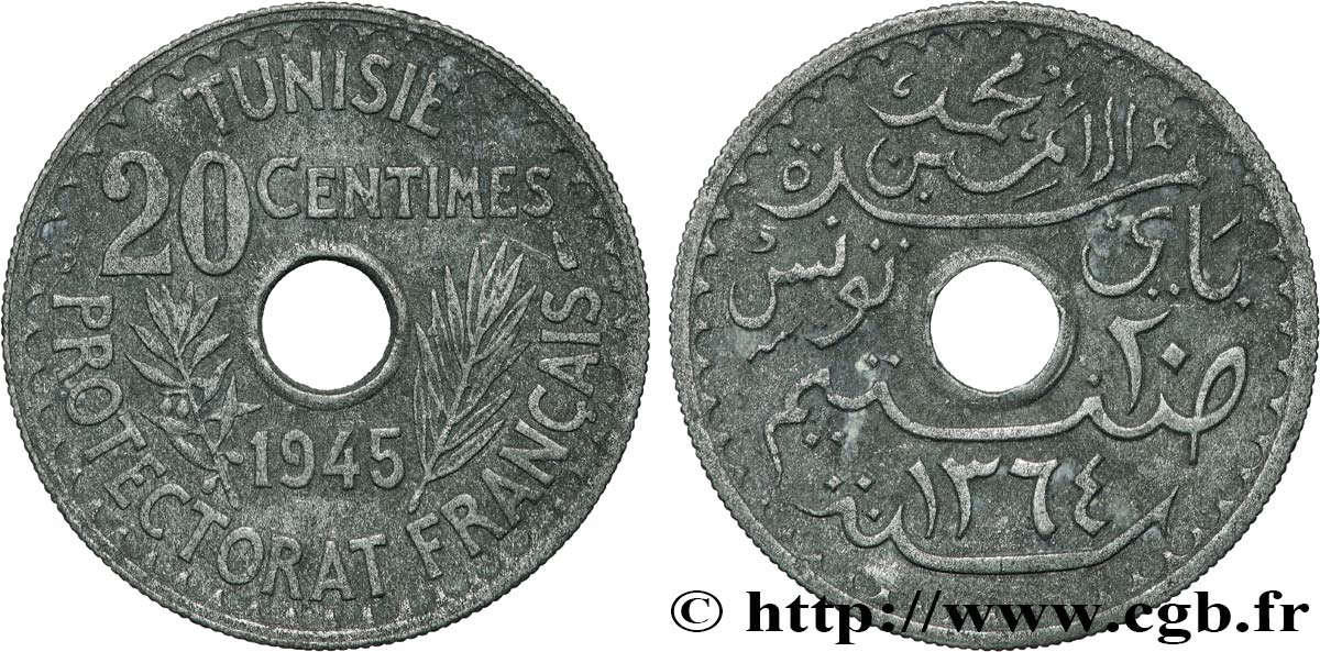 TUNISIA - French protectorate 20 Centimes ah 1264 1945 Paris XF 