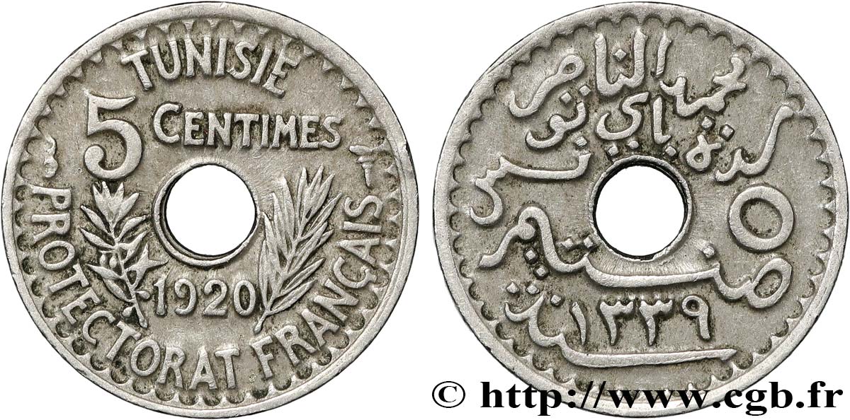 TUNISIE - PROTECTORAT FRANÇAIS 5 Centimes AH1338 1920 Paris TTB 