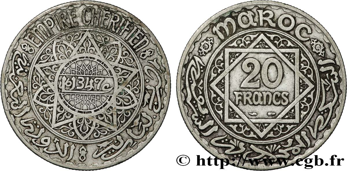 MAROC - PROTECTORAT FRANÇAIS 20 Francs AH 1347 1928 Paris TTB 