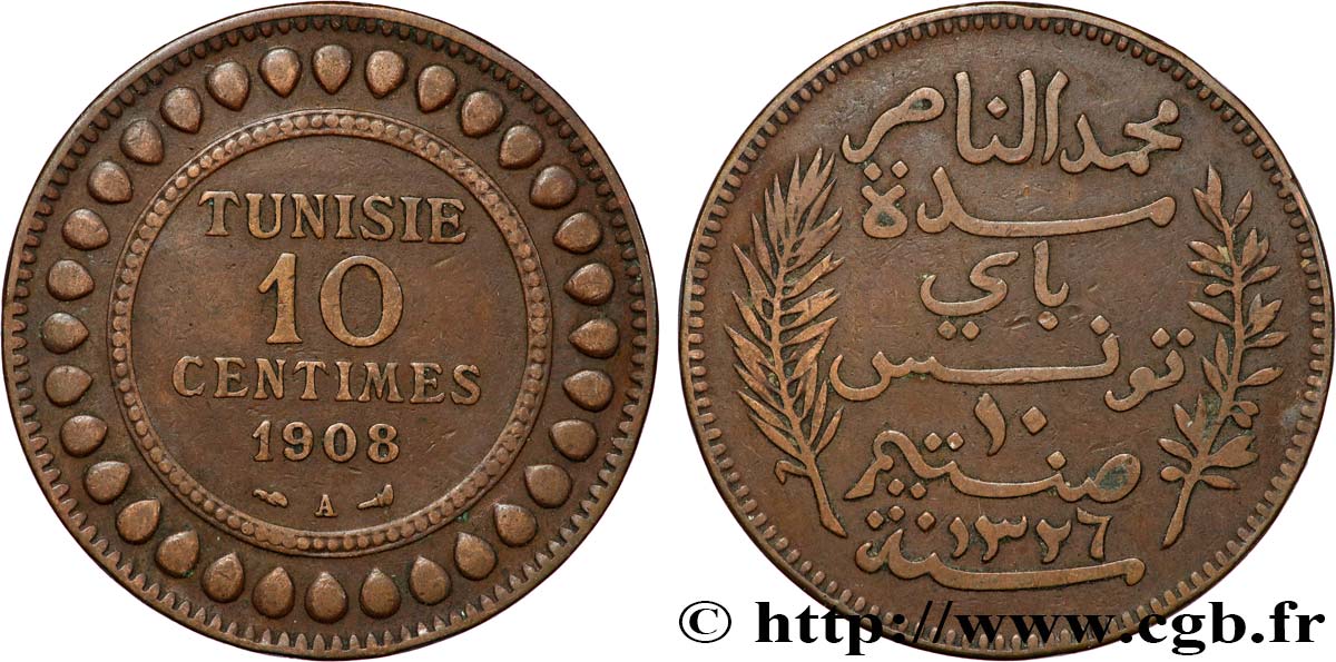 TUNESIEN - Französische Protektorate  10 Centimes AH1326 1908 Paris SS 