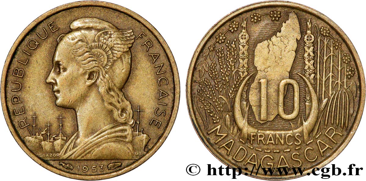 MADAGASCAR - Union française 10 Francs 1953 Paris TTB 