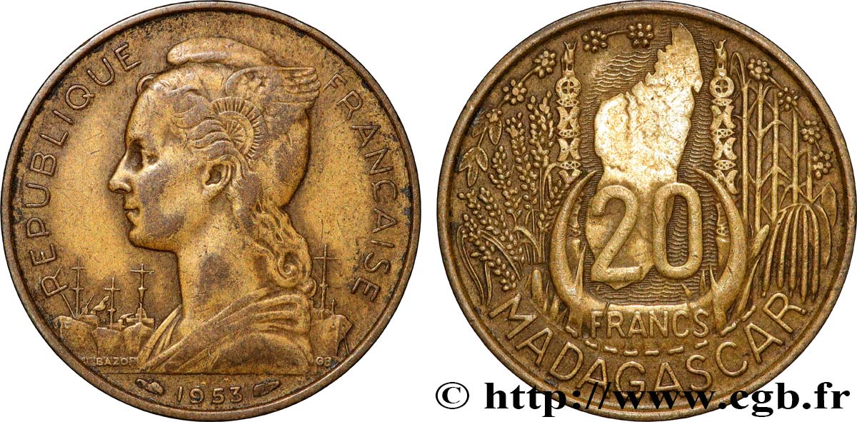 MADAGASCAR - Union française 20 Francs 1953 Paris TB+ 