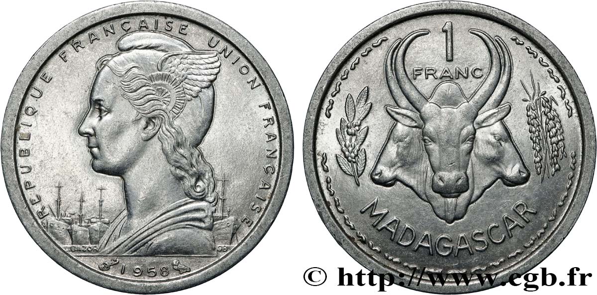 MADAGASCAR - UNION FRANCESE 1 Franc 1958 Paris SPL 