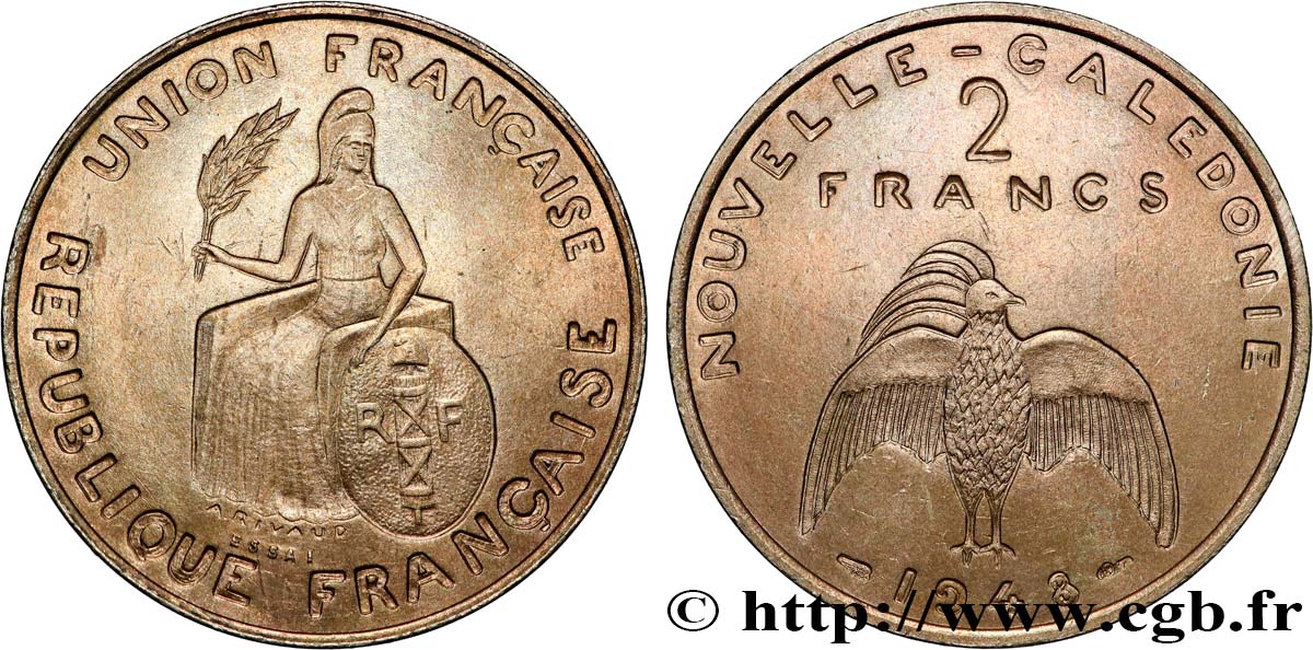 NOUVELLE CALÉDONIE Essai de 2 Francs avec listel en relief 1948 Paris SPL 