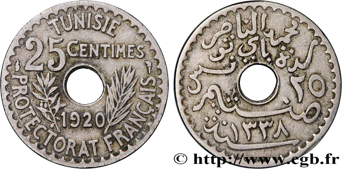 TUNISIE - PROTECTORAT FRANÇAIS 25 Centimes AH1338 1920 Paris TTB 