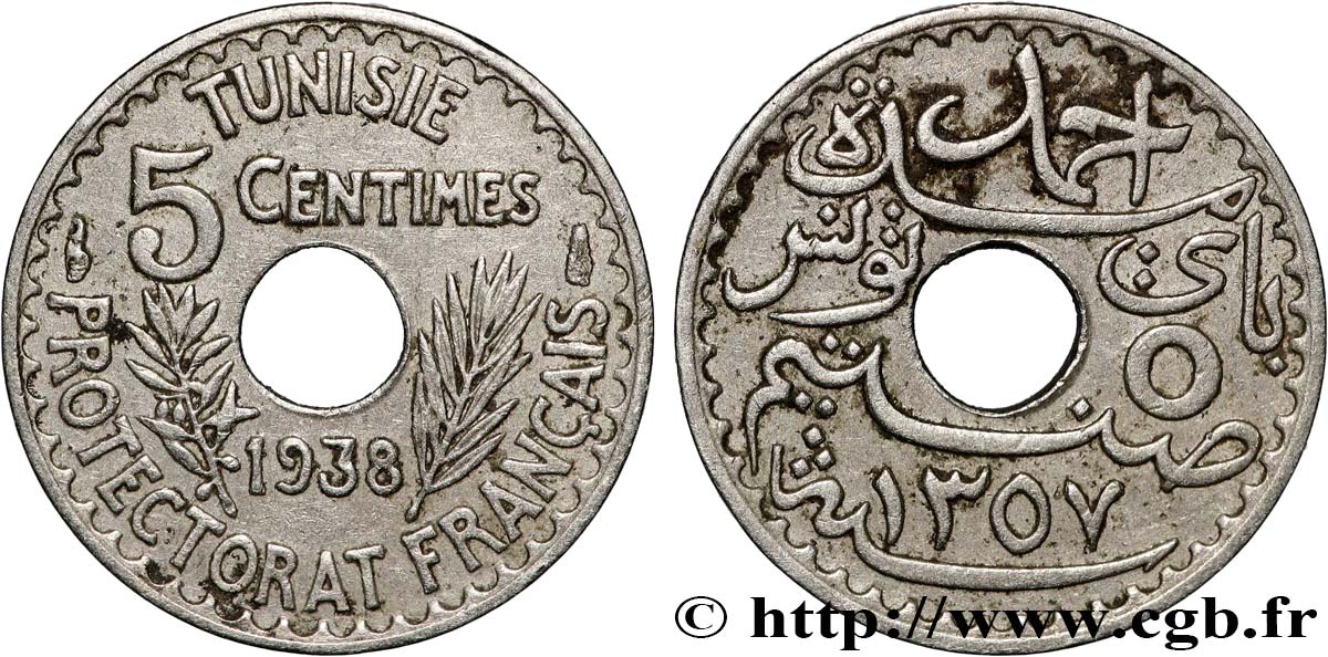 TUNISIE - PROTECTORAT FRANÇAIS 5 Centimes AH 1357 1938 Paris TTB+ 