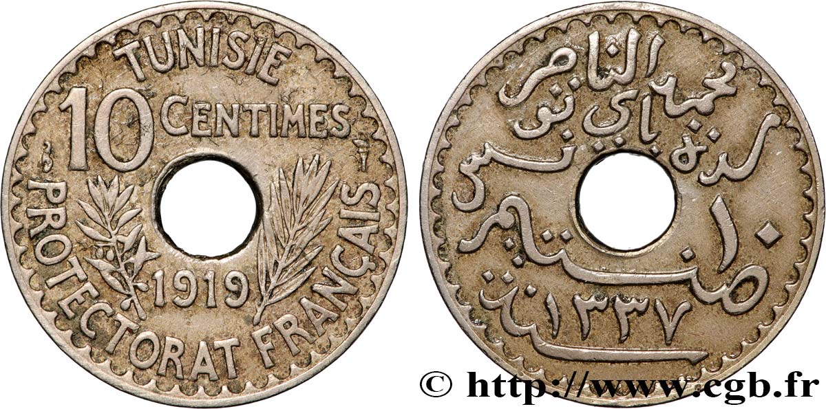 TUNISIA - French protectorate 10 Centimes AH 1337 1919 Paris XF 