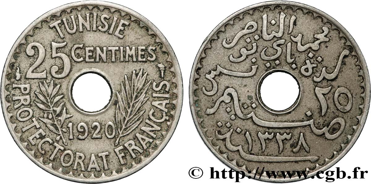 TUNISIE - PROTECTORAT FRANÇAIS 25 Centimes AH1338 1920 Paris TTB 