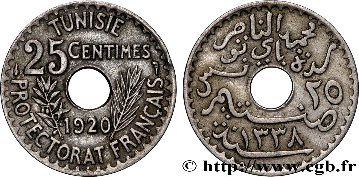 TUNISIE - PROTECTORAT FRANÇAIS 25 Centimes AH1338 1920 Paris TTB 