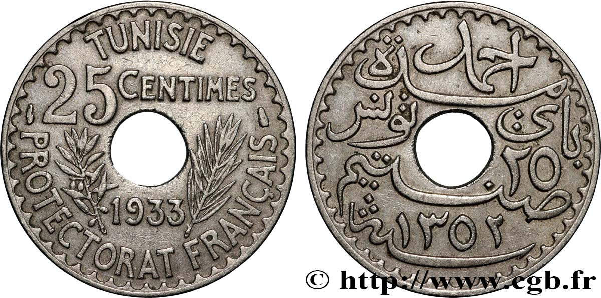 TUNISIE - PROTECTORAT FRANÇAIS 25 Centimes AH 1352 1933 Paris TTB 