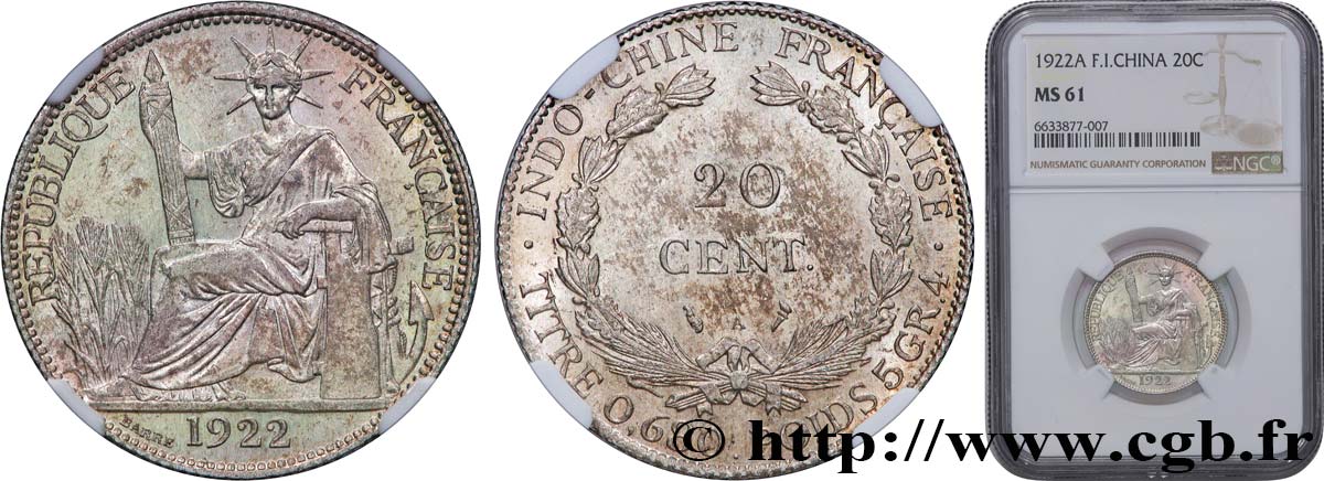 FRANZÖSISCHE-INDOCHINA 20 Centièmes 1922 Paris VZ61 NGC