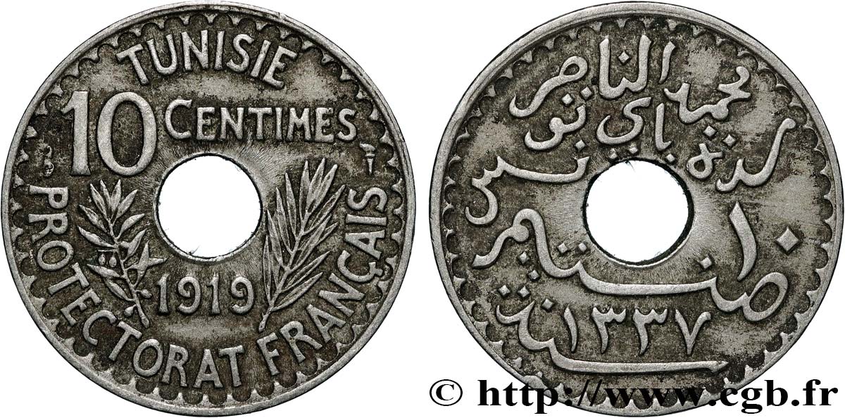 TUNISIA - FRENCH PROTECTORATE 10 Centimes AH 1337 1919 Paris XF 