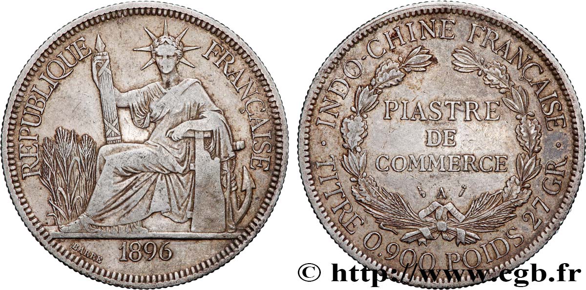 FRENCH INDOCHINA 1 Piastre de Commerce 1896 Paris VF 