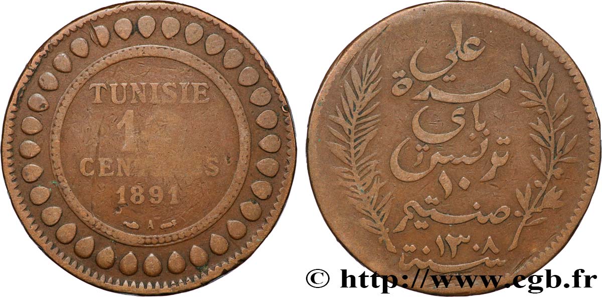 TUNISIE - PROTECTORAT FRANÇAIS 10 Centimes AH1308 1891 Paris TB+ 