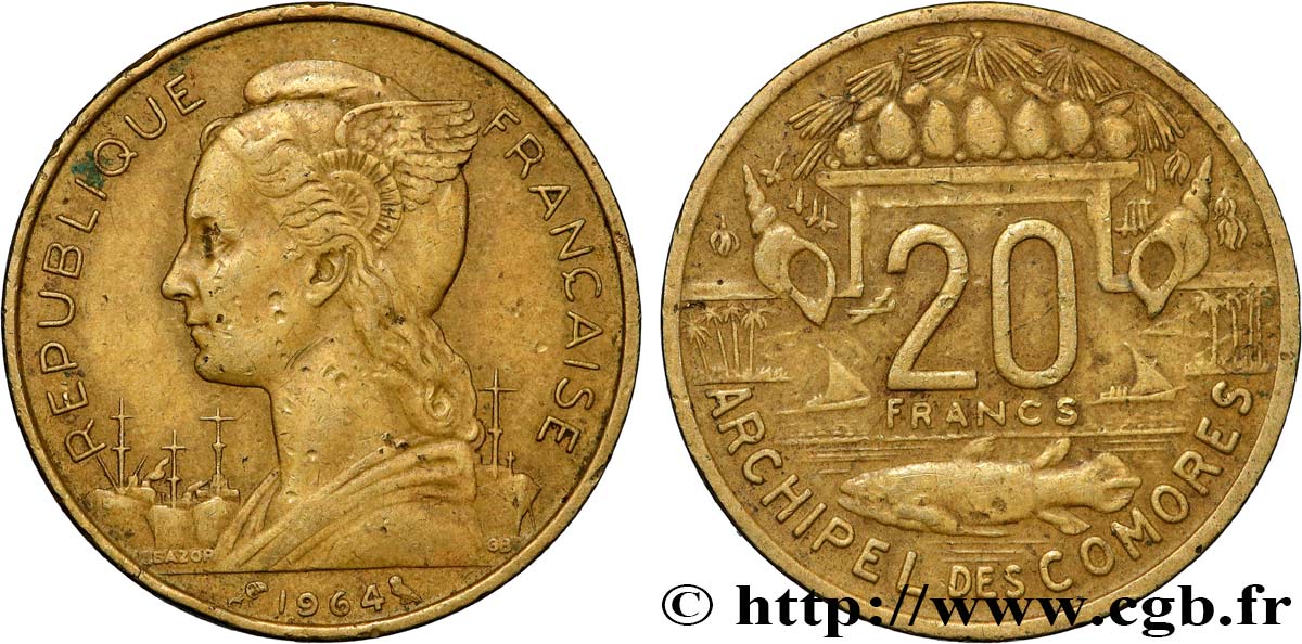 COMOROS  20 Francs 1964 Paris XF 