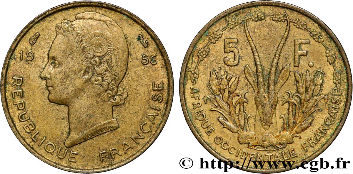 FRENCH WEST AFRICA 5 Francs 1956 Paris XF 