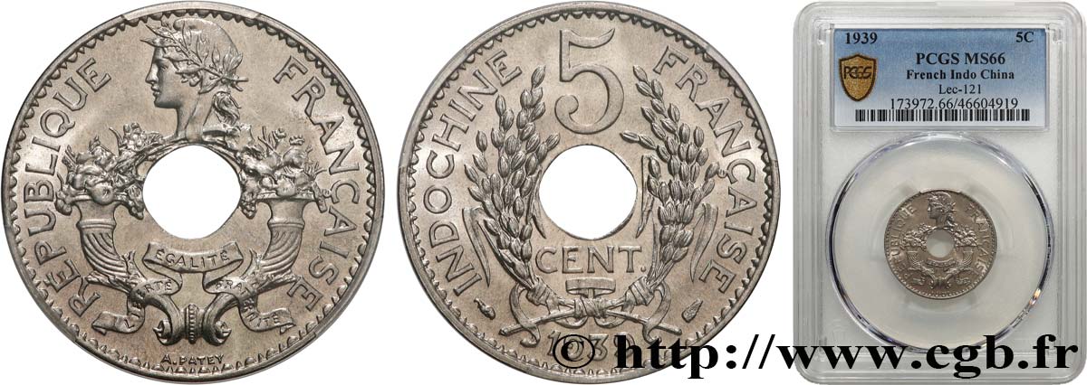 FRENCH INDOCHINA 5 Centièmes 1939 Paris MS66 PCGS