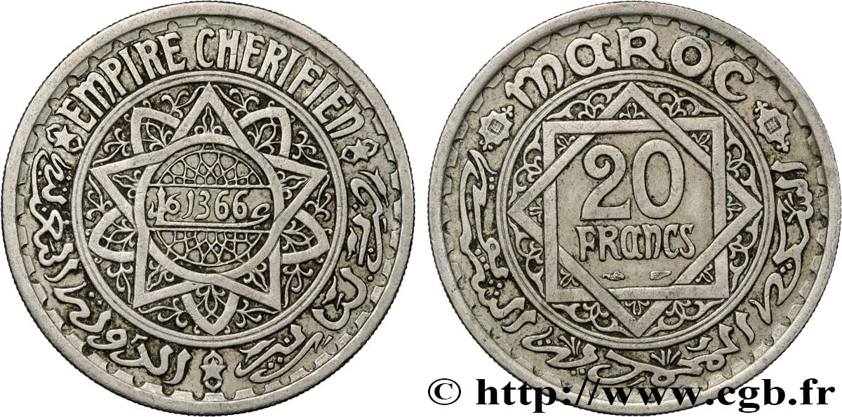 MARUECOS - PROTECTORADO FRANCÉS 20 Francs AH 1366 1947 Paris MBC+ 