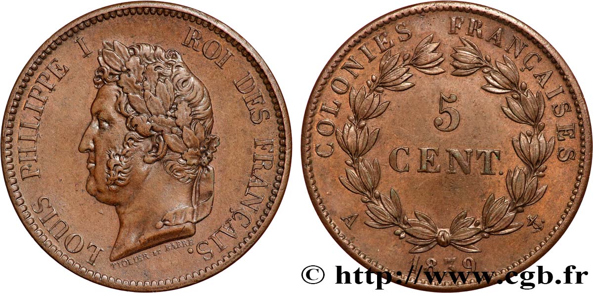 COLONIE FRANCESI - Luigi Filippo, per Guadalupa 5 Centimes Louis Philippe Ier 1839 Paris - A q.SPL 