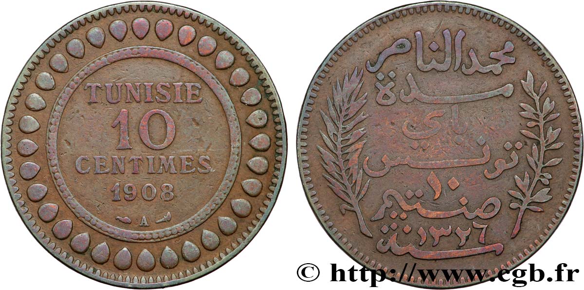 TUNISIE - PROTECTORAT FRANÇAIS 10 Centimes AH1326 1908 Paris TB+ 