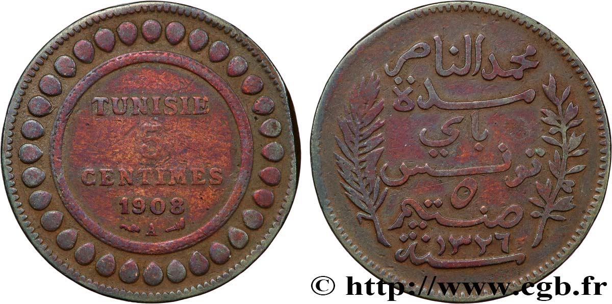 TUNISIE - PROTECTORAT FRANÇAIS 5 Centimes AH1326 1908 Paris TB+ 