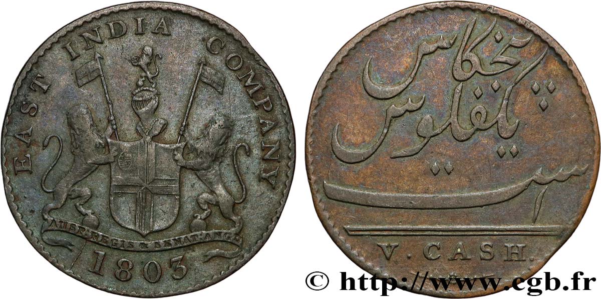 ÎLE DE FRANCE (ÎLE MAURICE) V (5) Cash East India Company 1803 Madras TB+ 