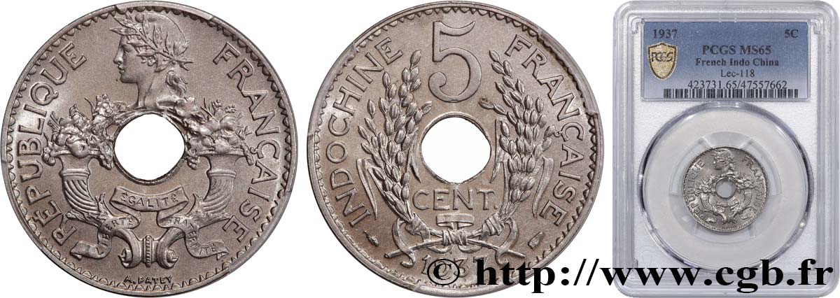 FRENCH INDOCHINA 5 Centièmes 1937 Paris MS65 PCGS