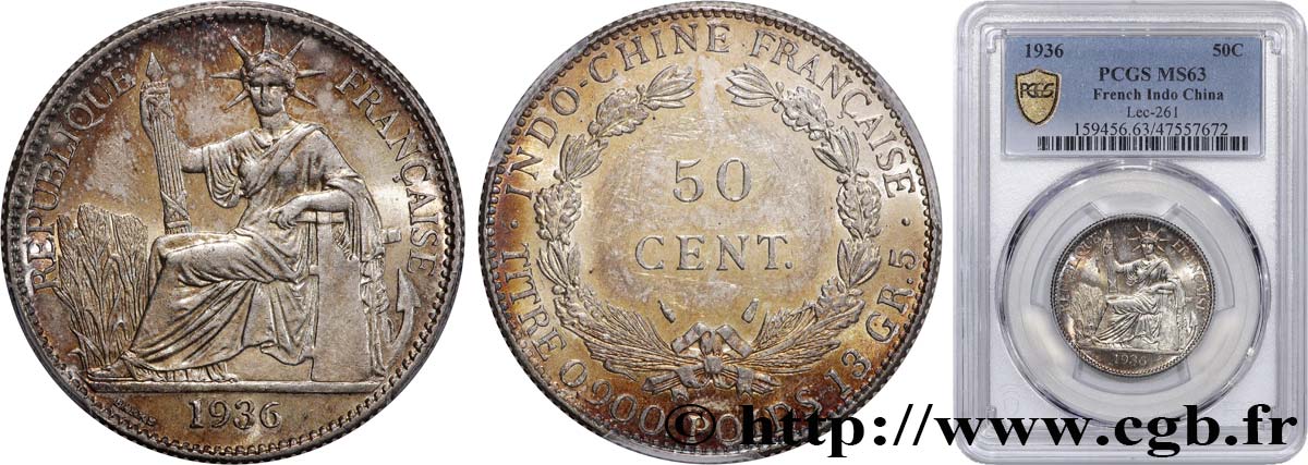 INDOCINA FRANCESE 50 Centièmes 1936 Paris MS63 PCGS