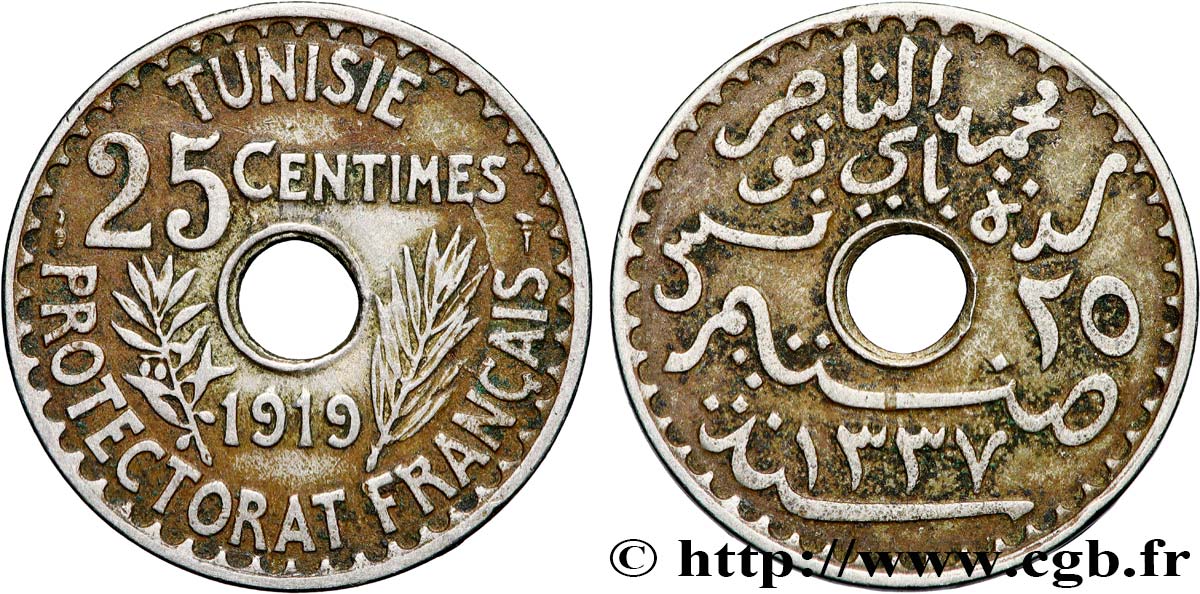 TUNISIE - PROTECTORAT FRANÇAIS 25 Centimes AH 1337 1919 Paris TTB 