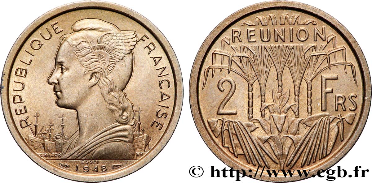 ÎLE DE LA RÉUNION Essai de 2 Francs 1948 Paris fco_874130 Colonies