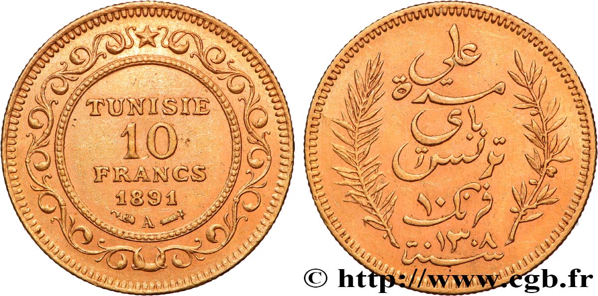 TUNEZ - Protectorado Frances 10 Francs or Bey Ali AH 1308 1891 Paris MBC 