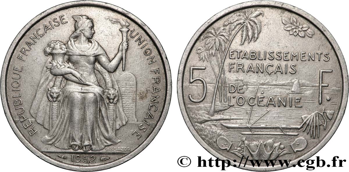 FRENCH POLYNESIA - French Oceania 5 Francs Établissements Français de l’Océanie 1952 Paris XF 