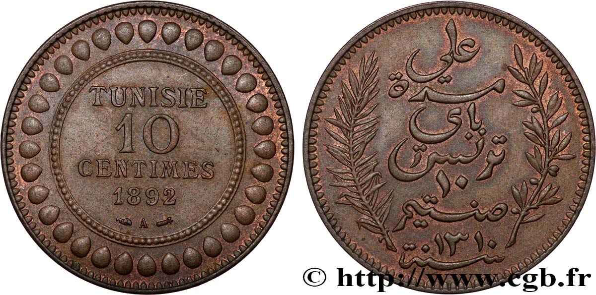 TUNISIA - French protectorate 10 Centimes AH1310 1892 Paris AU 