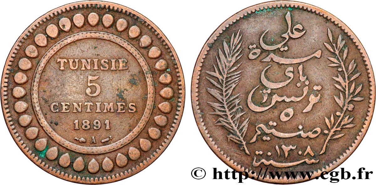 TUNEZ - Protectorado Frances 5 Centimes AH 1308 1891 Paris BC+ 