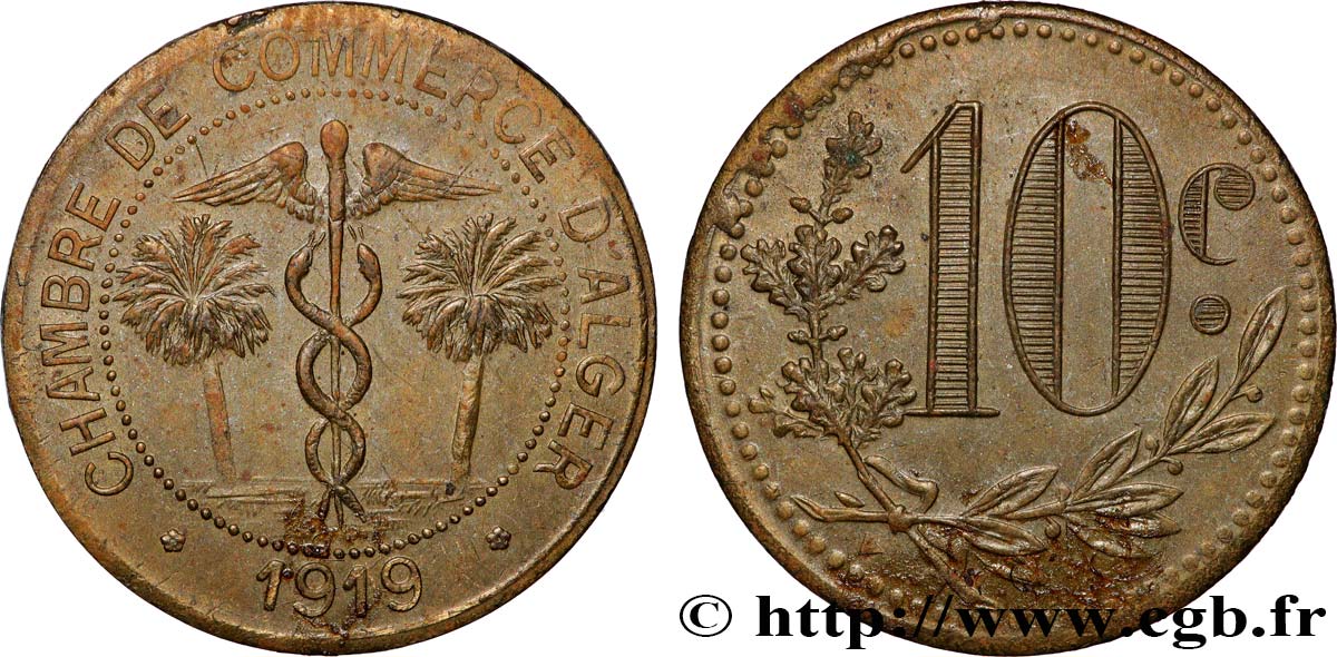 ALGERIEN Essai en laiton 10 Centimes Chambre de commerce d’Alger 1919 Alger SS 