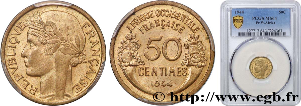 FRENCH WEST AFRICA 50 Centimes Morlon 1944 Londres MS64 PCGS