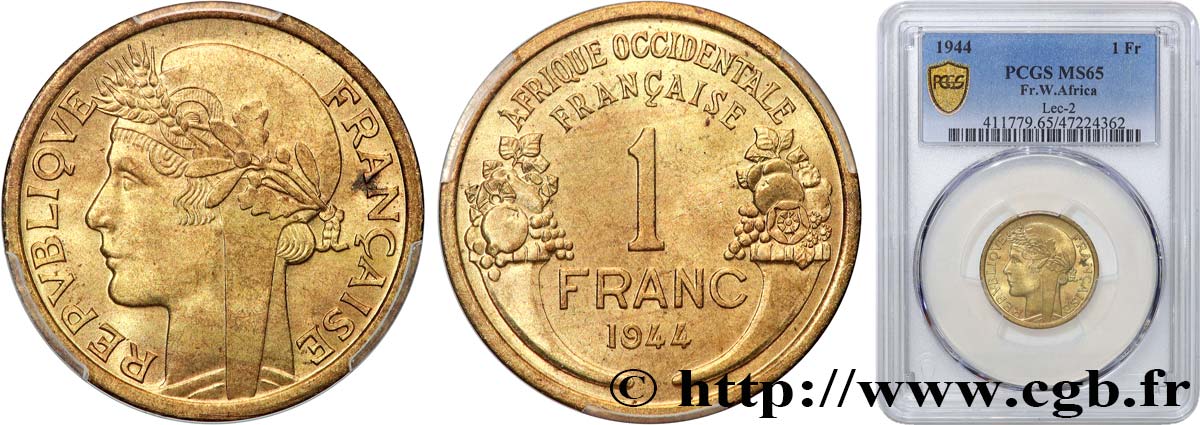 AFRIQUE OCCIDENTALE FRANÇAISE 1 Franc Morlon 1944 Londres FDC65 PCGS