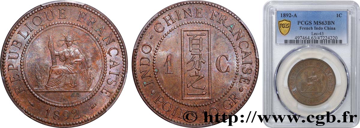 INDOCINA FRANCESE 1 Centième 1892 Paris MS63 PCGS