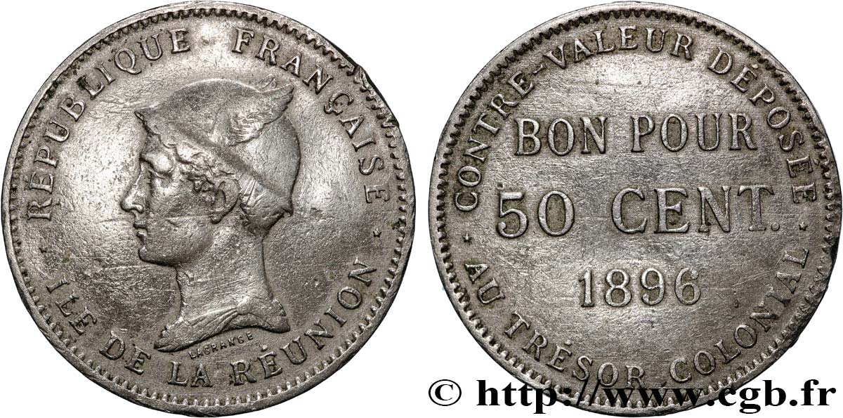 RÉUNION - III. REPUBLIK Bon pour 50 Centimes 1896 sans atelier fSS 