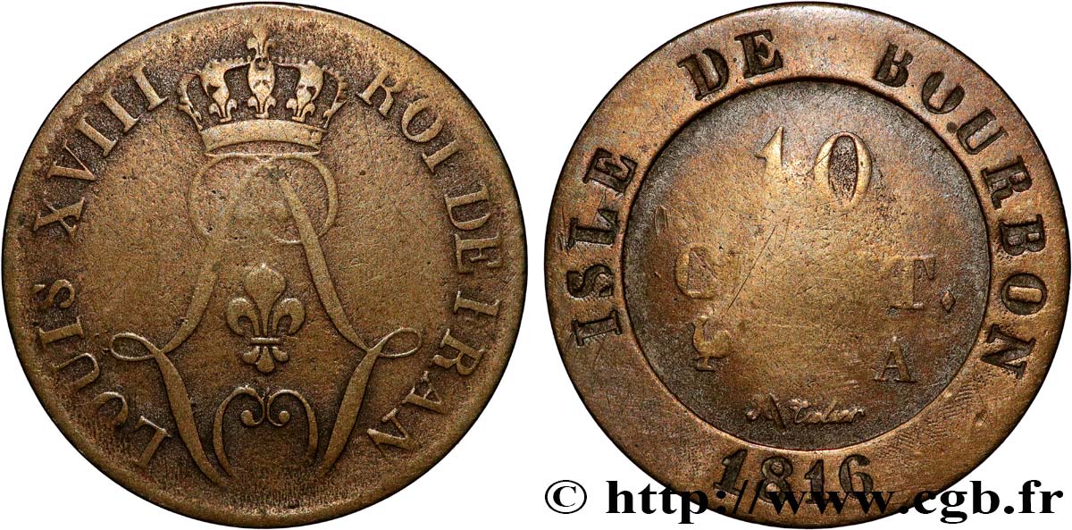 BOURBON ISLAND (REUNION ISLAND) 10 Cent. 1816  VF 