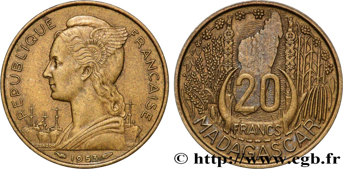 MADAGASCAR French Union 20 Francs 1953 Paris XF 