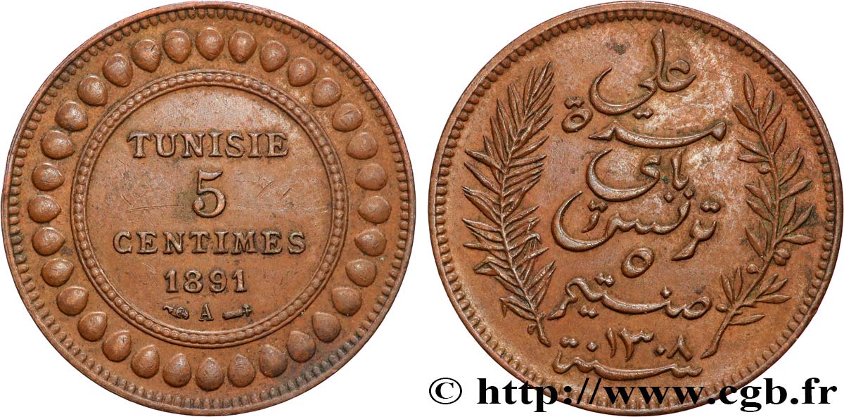 TUNISIA - FRENCH PROTECTORATE 5 Centimes AH 1308 1891 Paris AU 