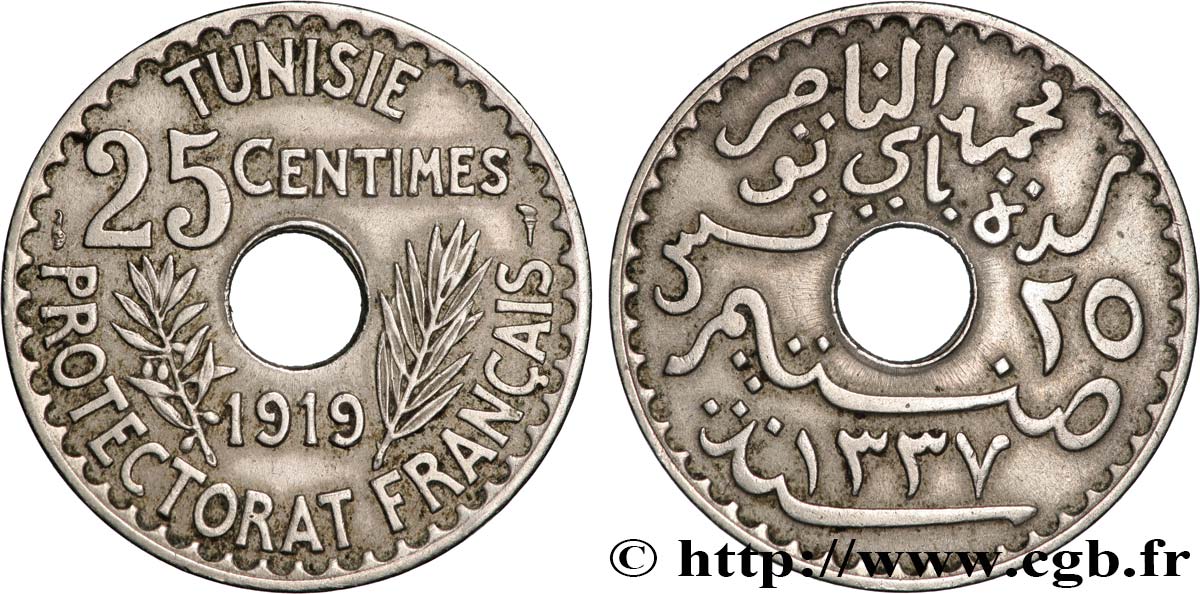 TUNISIA - French protectorate 25 Centimes AH 1337 1919 Paris XF 