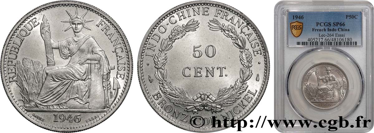 FRENCH INDOCHINA 50 Centièmes essai 1946 Paris MS66 PCGS