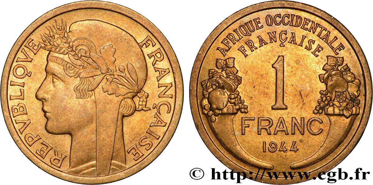 FRANZÖSISCHE WESTAFRIKA 1 Franc Morlon 1944 Londres VZ 