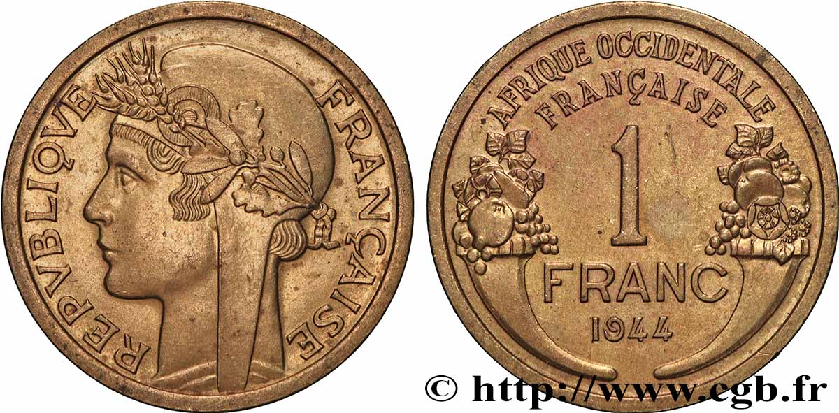 FRENCH WEST AFRICA 1 Franc Morlon 1944 Londres AU 