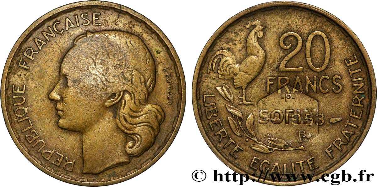 ÎLE JUAN DE NOVA 20 Francs G. Guiraud avec surfrappe SOFIM 1953 Beaumont-Le-Roger TB+ 