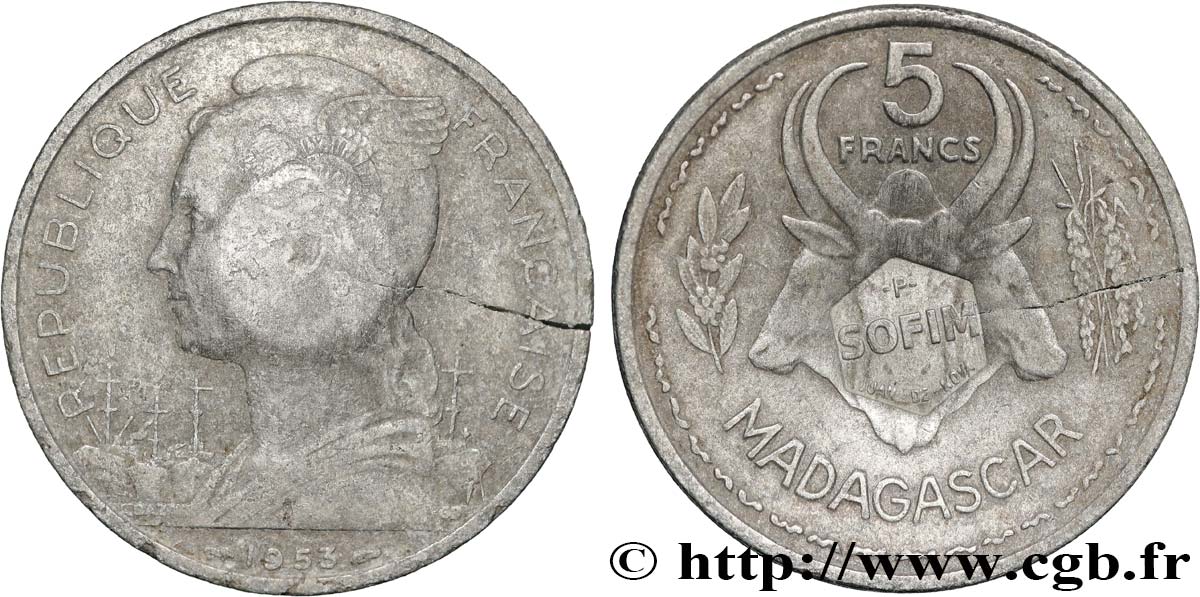 JUAN DE NOVA ISLAND 5 Francs Madagascar avec surfrappe SOFIM 1953 Paris XF 