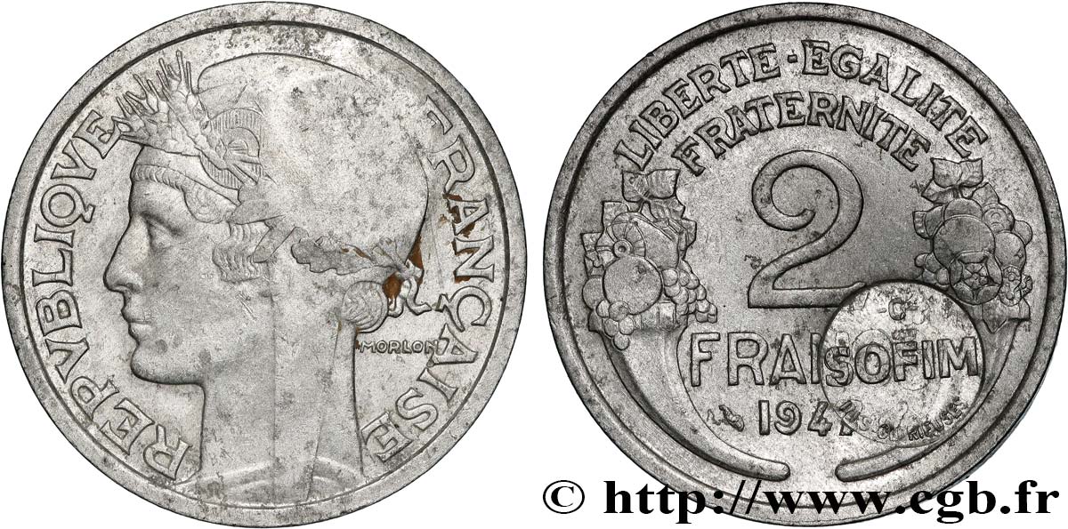 ÎLE JUAN DE NOVA 2 Francs Morlon, aluminium avec surfrappe SOFIM 1947 Paris TTB+ 