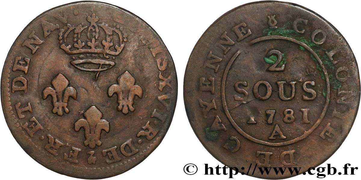 FRENCH GUIANA Faux 2 Sous colonies de Cayenne 1e type  1781 Paris - A VF 